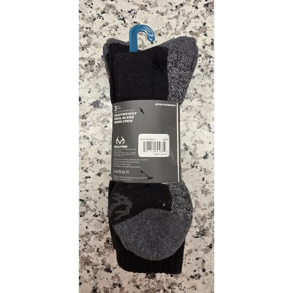 Realtree 3 Pair Heavyweight Wool Blend Work Crew Socks‎ Mens 6-12